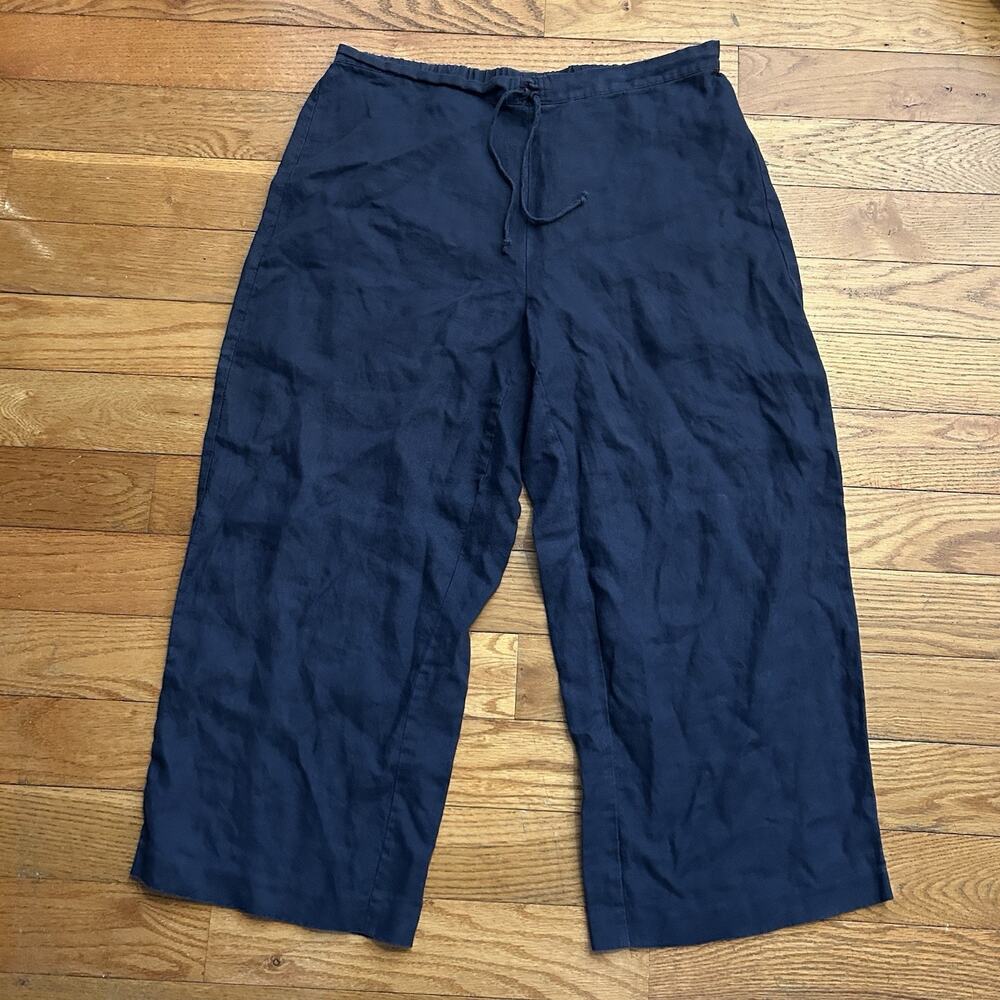 Habitat 100% Linen Blue Baggy Wide Leg Cropped Drawstring Pants Large